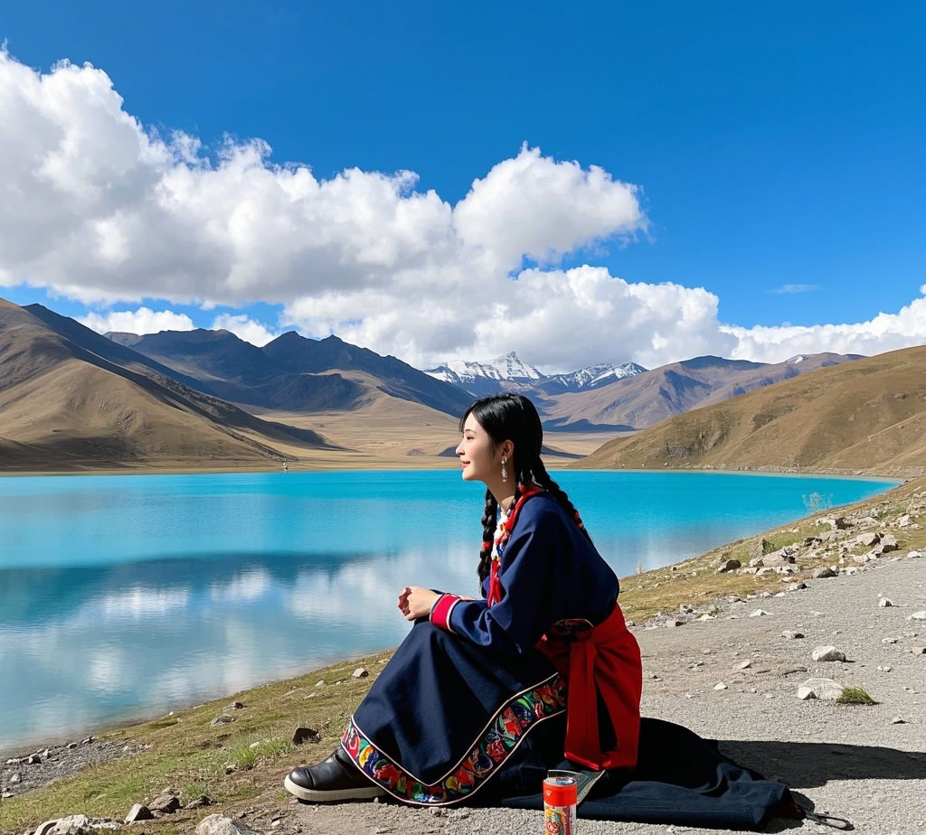 A beautiful woman is taking photos by the side of Yamdrok Lake A beautiful woman is taking photos by the side of Yamdrok Lake